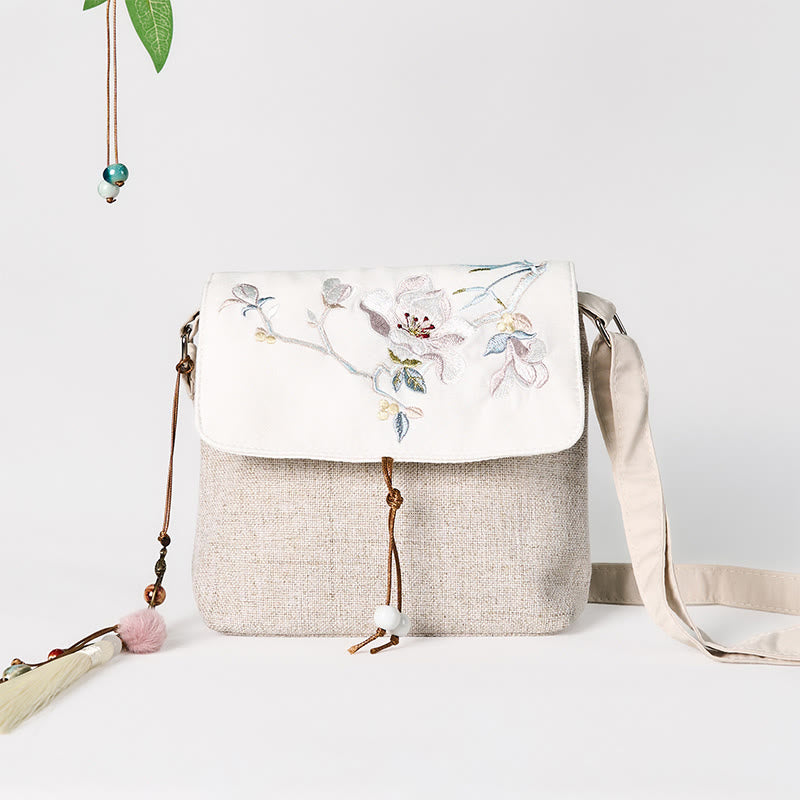Sac à dos Foviel grand format en toile de polyester brodé de magnolias faits main