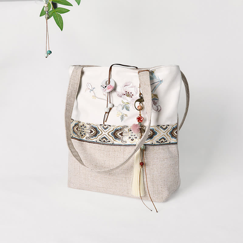 Foviel Magnolia Stickerei Leinwand Polyester Schultertasche