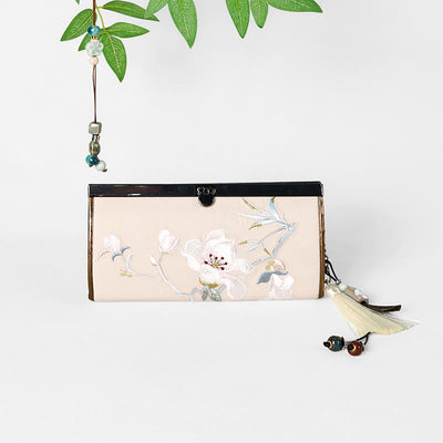 Porte-monnaie Foviel à grande capacité avec broderie double face fleur de magnolia