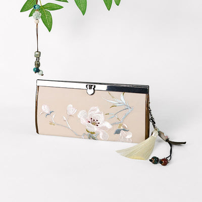 Porte-monnaie Foviel à grande capacité avec broderie double face fleur de magnolia