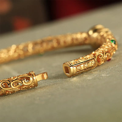 Foviel Cyan Jade Copper Plated Gold Auspicious Clouds Gourd Luck Bracelet Bangle