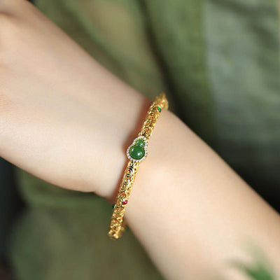 Foviel Cyan Jade Copper Plated Gold Auspicious Clouds Gourd Luck Bracelet Bangle