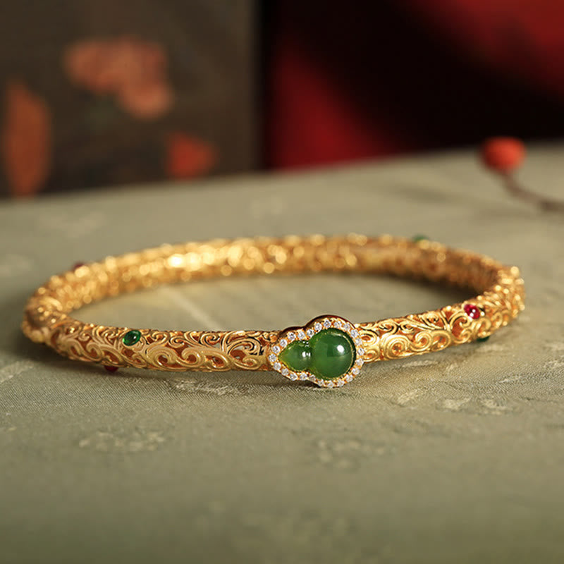 Foviel Cyan Jade Copper Plated Gold Auspicious Clouds Gourd Luck Bracelet Bangle