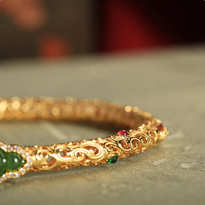 Foviel Cyan Jade Copper Plated Gold Auspicious Clouds Gourd Luck Bracelet Bangle