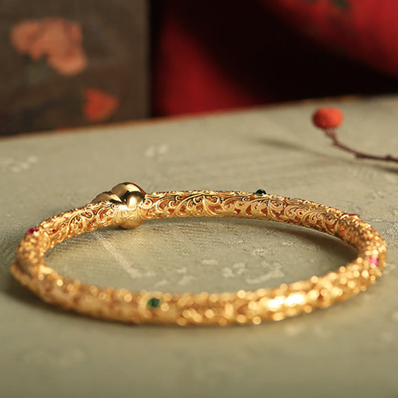 Foviel Cyan Jade Copper Plated Gold Auspicious Clouds Gourd Luck Bracelet Bangle