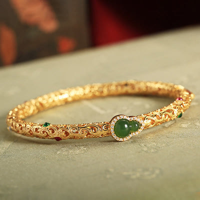 Foviel Cyan Jade Copper Plated Gold Auspicious Clouds Gourd Luck Bracelet Bangle