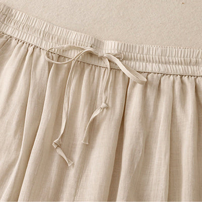 Buddha Stones Causal Vintage Plain Drawstring Lace Patchwork Design Women's Wide Leg Cotton Elastic Waistband Pants With Pockets - image 12