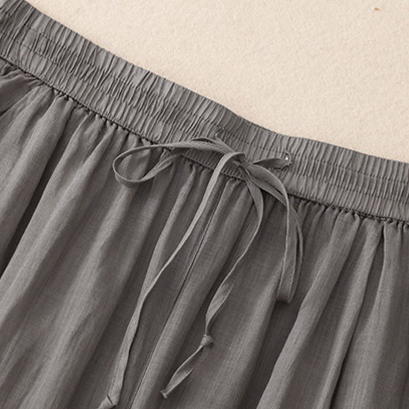Buddha Stones Causal Vintage Plain Drawstring Lace Patchwork Design Women's Wide Leg Cotton Elastic Waistband Pants With Pockets - image 4