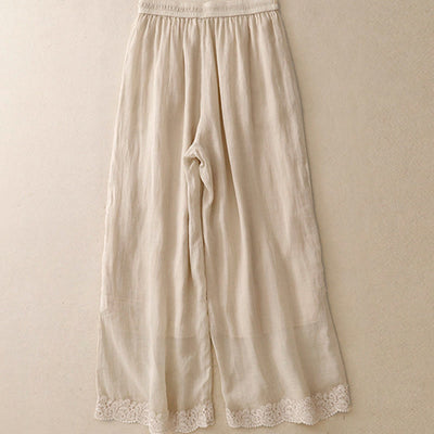 Buddha Stones Causal Vintage Plain Drawstring Lace Patchwork Design Women's Wide Leg Cotton Elastic Waistband Pants With Pockets - image 11