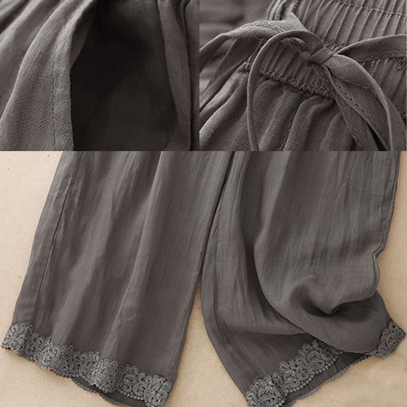 Buddha Stones Causal Vintage Plain Drawstring Lace Patchwork Design Women's Wide Leg Cotton Elastic Waistband Pants With Pockets - image 5