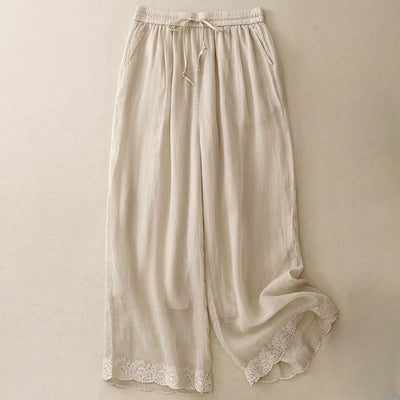 Buddha Stones Causal Vintage Plain Drawstring Lace Patchwork Design Women's Wide Leg Cotton Elastic Waistband Pants With Pockets - LightGoldenrodYellow - US8-10，UK/AU12-14，EU40-42 (2XL) - image 10