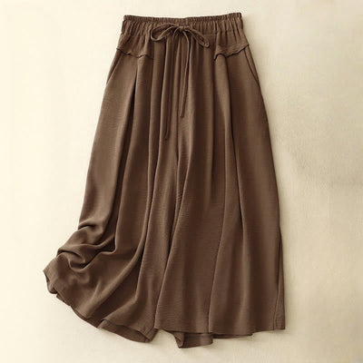 Foviel Causal Ethnic Simple Drawstring Design Women's Wide Leg Cropped Pants With Pockets