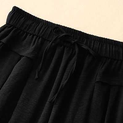Foviel Causal Ethnic Simple Drawstring Design Women's Wide Leg Cropped Pants With Pockets