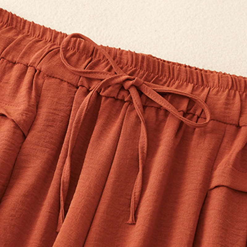 Foviel Causal Ethnic Simple Drawstring Design Women's Wide Leg Cropped Pants With Pockets