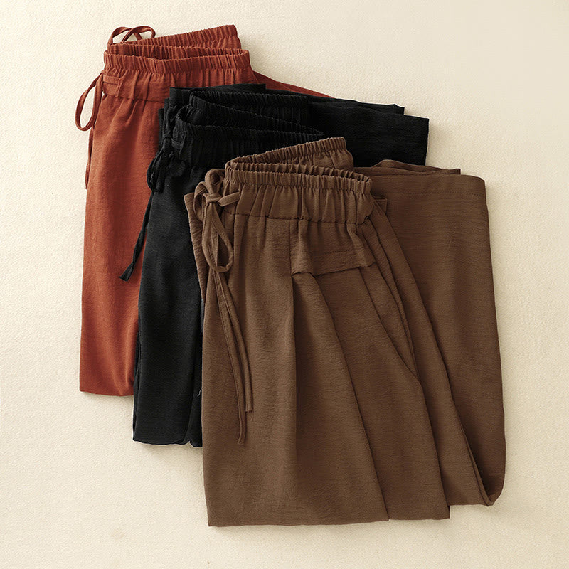 Foviel Causal Ethnic Simple Drawstring Design Women's Wide Leg Cropped Pants With Pockets