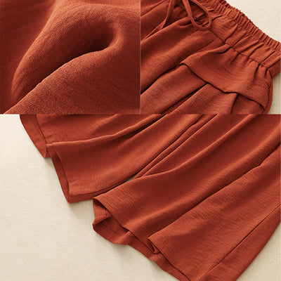 Foviel Causal Ethnic Simple Drawstring Design Women's Wide Leg Cropped Pants With Pockets