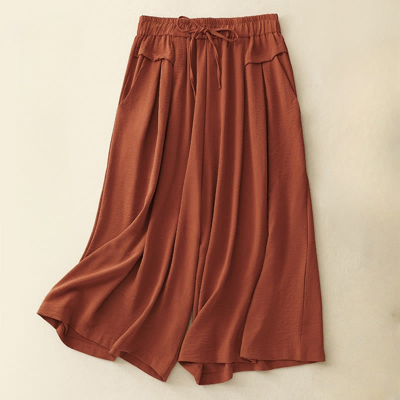 Foviel Causal Ethnic Simple Drawstring Design Women's Wide Leg Cropped Pants With Pockets