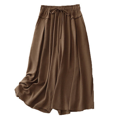 Foviel Causal Ethnic Simple Drawstring Design Women's Wide Leg Cropped Pants With Pockets