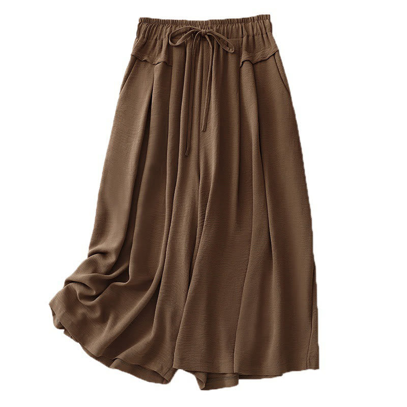 Foviel Causal Ethnic Simple Drawstring Design Women's Wide Leg Cropped Pants With Pockets