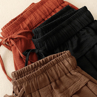 Foviel Causal Ethnic Simple Drawstring Design Women's Wide Leg Cropped Pants With Pockets
