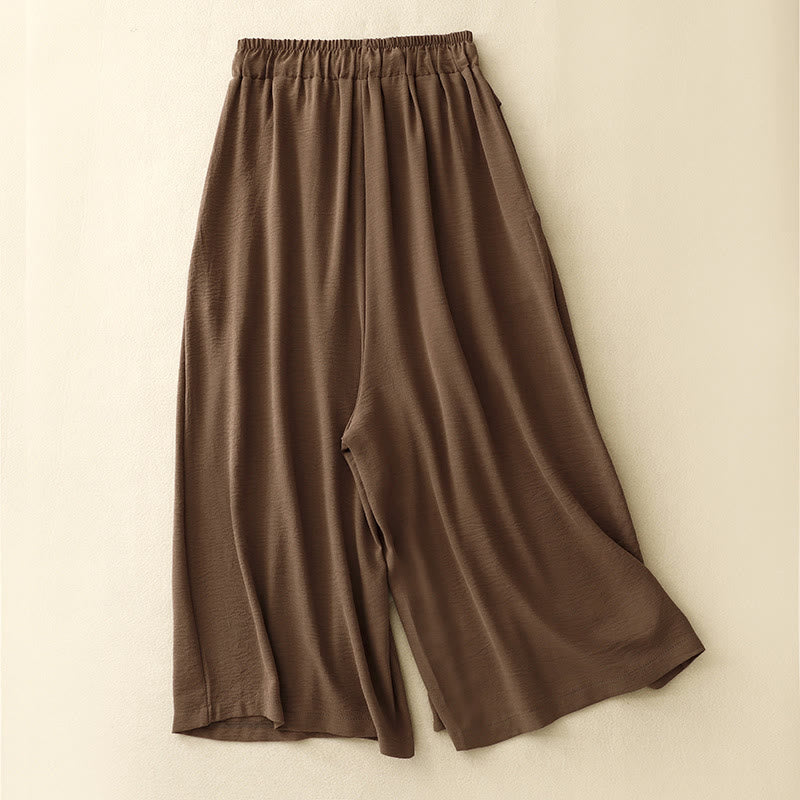 Foviel Causal Ethnic Simple Drawstring Design Women's Wide Leg Cropped Pants With Pockets