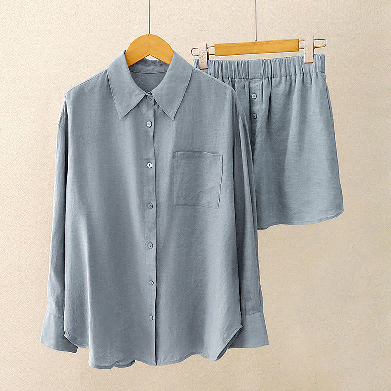 Foviel Sommer 2-teilig Einfarbig Lange Ärmel Hemd Top Shorts Meditation Kleidung Damen-Set mit Taschen