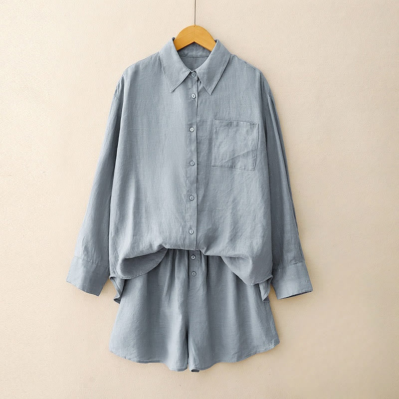 Foviel Sommer 2-teilig Einfarbig Lange Ärmel Hemd Top Shorts Meditation Kleidung Damen-Set mit Taschen