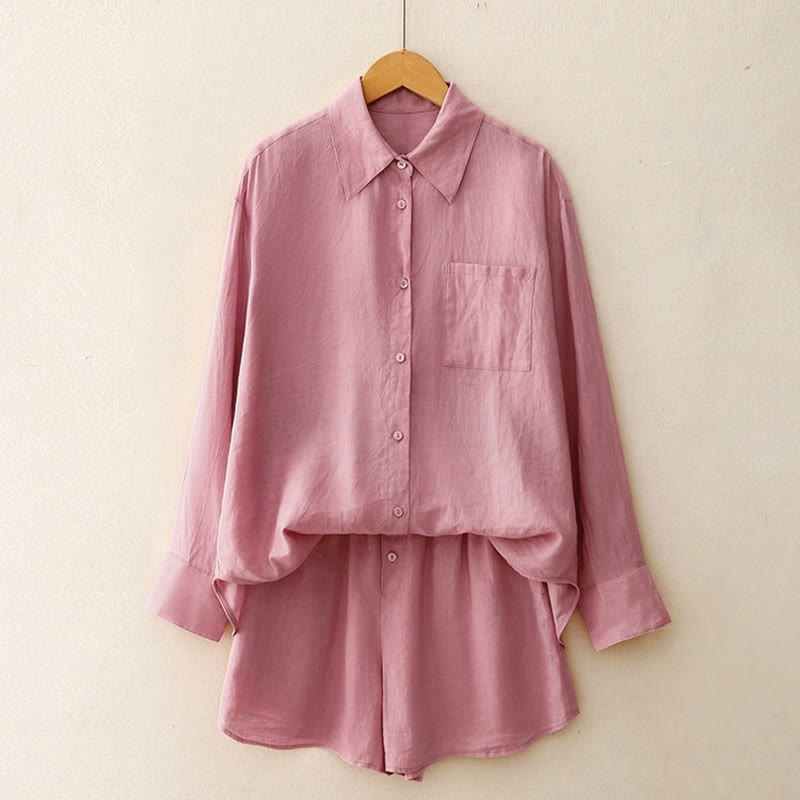 Foviel Summer 2pcs Plain Long Sleeve Shirt Top Shorts Meditation Clothing Women's Set With Pockets