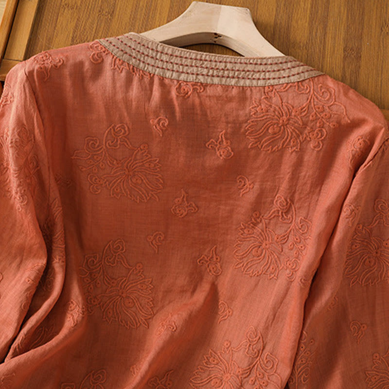 Foviel Summer Vintage Embroidery Plant Floral Lace-Up Design V-Neck Women's Cotton Linen Shirt