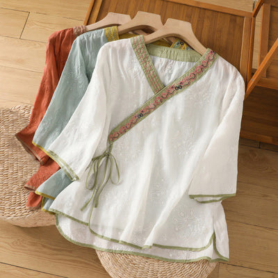 Foviel Summer Vintage Embroidery Plant Floral Lace-Up Design V-Neck Women's Cotton Linen Shirt