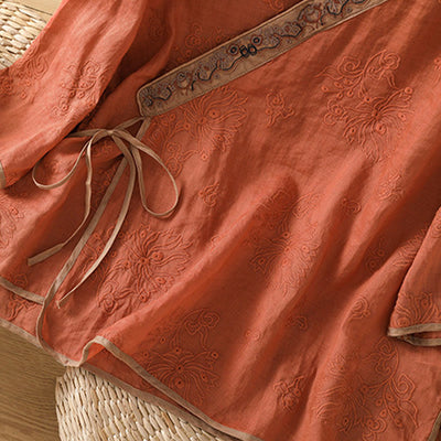 Foviel Summer Vintage Embroidery Plant Floral Lace-Up Design V-Neck Women's Cotton Linen Shirt