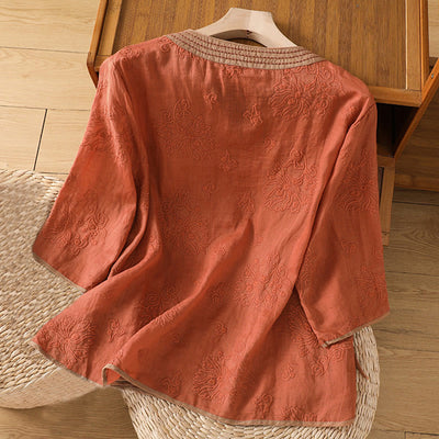 Foviel Summer Vintage Embroidery Plant Floral Lace-Up Design V-Neck Women's Cotton Linen Shirt