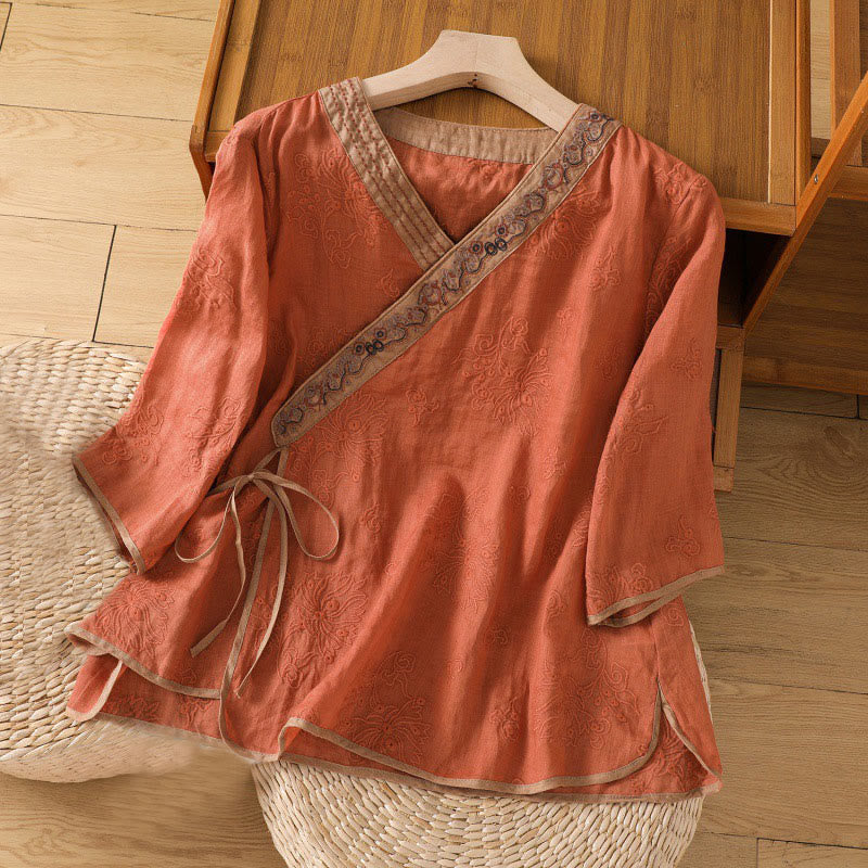 Foviel Summer Vintage Embroidery Plant Floral Lace-Up Design V-Neck Women's Cotton Linen Shirt