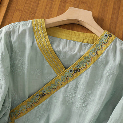 Foviel Summer Vintage Embroidery Plant Floral Lace-Up Design V-Neck Women's Cotton Linen Shirt