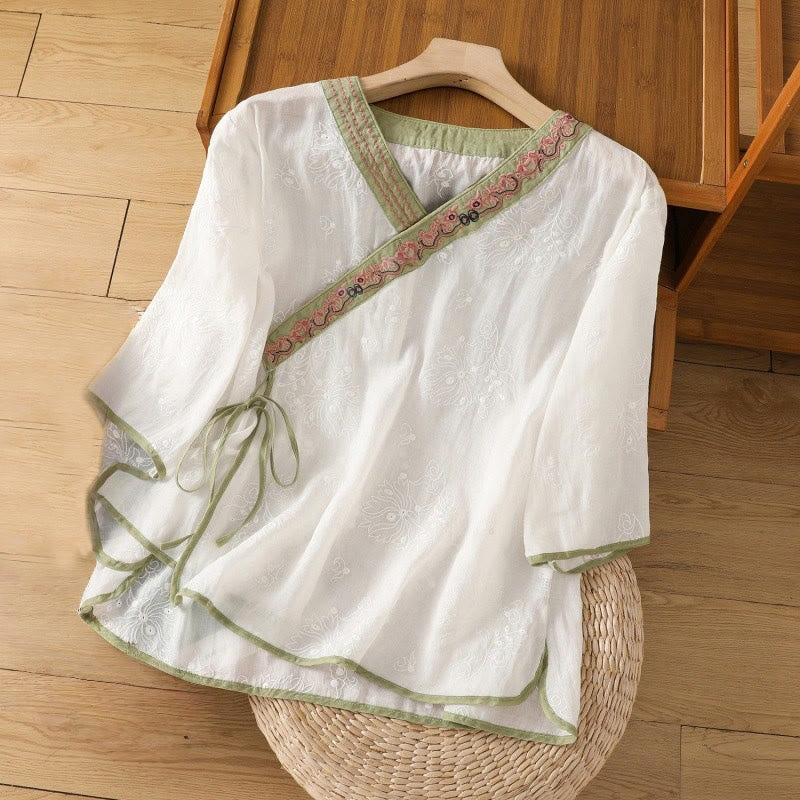 Foviel Summer Vintage Embroidery Plant Floral Lace-Up Design V-Neck Women's Cotton Linen Shirt