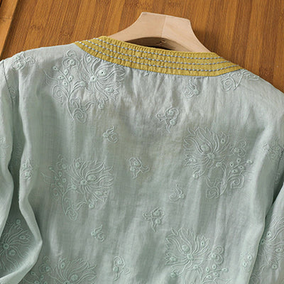 Foviel Summer Vintage Embroidery Plant Floral Lace-Up Design V-Neck Women's Cotton Linen Shirt