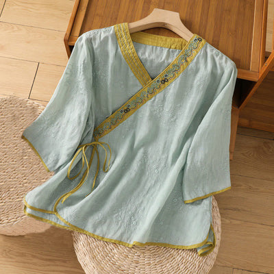 Foviel Summer Vintage Embroidery Plant Floral Lace-Up Design V-Neck Women's Cotton Linen Shirt
