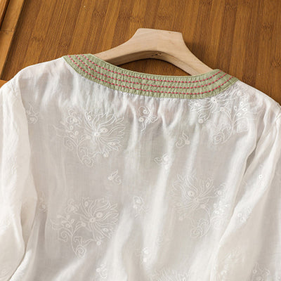 Foviel Summer Vintage Embroidery Plant Floral Lace-Up Design V-Neck Women's Cotton Linen Shirt