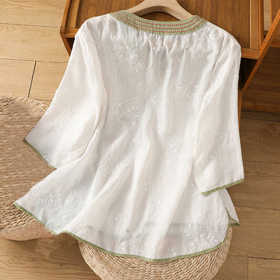 Foviel Summer Vintage Embroidery Plant Floral Lace-Up Design V-Neck Women's Cotton Linen Shirt