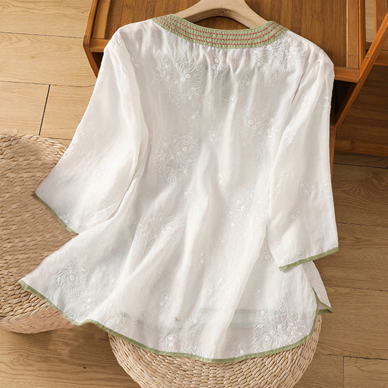 Foviel Summer Vintage Embroidery Plant Floral Lace-Up Design V-Neck Women's Cotton Linen Shirt