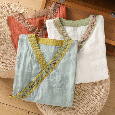 Foviel Summer Vintage Embroidery Plant Floral Lace-Up Design V-Neck Women's Cotton Linen Shirt