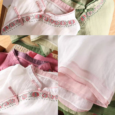 Foviel Vintage Zen Stickerei Pflanze Floral Muster Chinesisch Frog-Button Design Dreiviertel Ärmel Damen Baumwolle Leinen Hemd