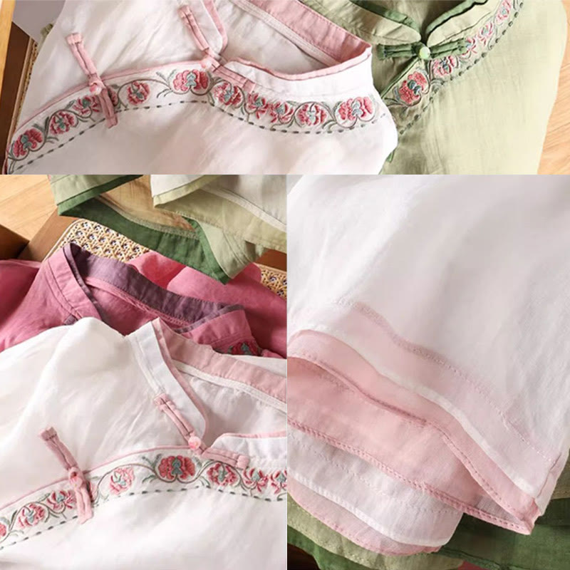 Foviel Vintage Zen Stickerei Pflanze Floral Muster Chinesisch Frog-Button Design Dreiviertel Ärmel Damen Baumwolle Leinen Hemd