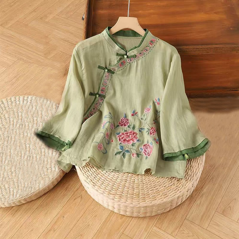 Foviel Vintage Zen Stickerei Pflanze Floral Muster Chinesisch Frog-Button Design Dreiviertel Ärmel Damen Baumwolle Leinen Hemd