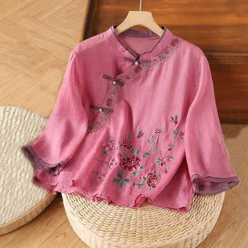 Foviel Vintage Zen Stickerei Pflanze Floral Muster Chinesisch Frog-Button Design Dreiviertel Ärmel Damen Baumwolle Leinen Hemd