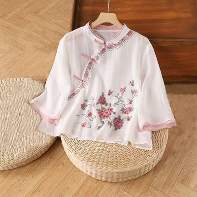 Foviel Vintage Zen Stickerei Pflanze Floral Muster Chinesisch Frog-Button Design Dreiviertel Ärmel Damen Baumwolle Leinen Hemd