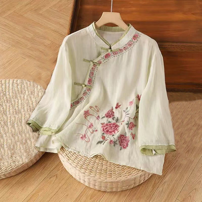 Foviel Vintage Zen Stickerei Pflanze Floral Muster Chinesisch Frog-Button Design Dreiviertel Ärmel Damen Baumwolle Leinen Hemd