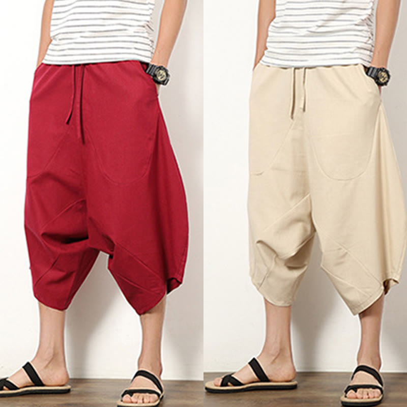 Buddha Stones Spring Plain Simple Patchwork Design Drawstring  Men's 7-8 Length Wide Leg Pants With Pockets - image 26
