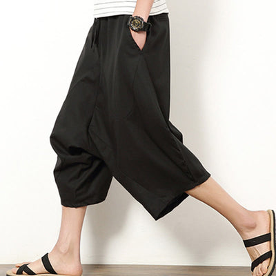 Buddha Stones Spring Plain Simple Patchwork Design Drawstring  Men's 7-8 Length Wide Leg Pants With Pockets - image 20