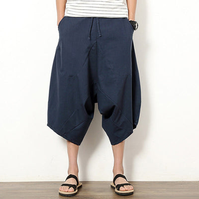Buddha Stones Spring Plain Simple Patchwork Design Drawstring  Men's 7-8 Length Wide Leg Pants With Pockets - image 1